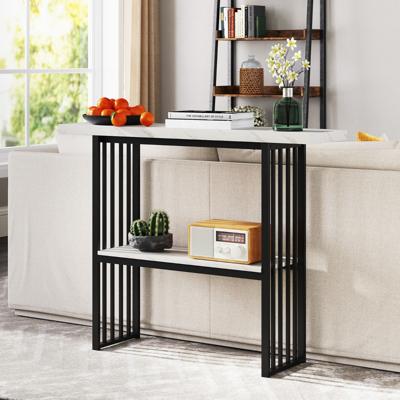 2 Niveaus Console Tafel met Marmerlook Smalle Bijzettafel Hal Tafel Zwart + Wit