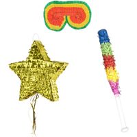 Verjaardag Pinata Ster goud van 44 x 42 cm - set met stok en masker - thumbnail