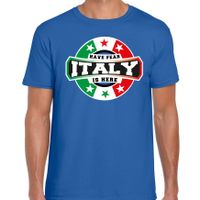 Have fear Italy is here t-shirt voor Italie supporters blauw voor heren Have fear Italy is here t-shirt voor Italie supporters blauw voor heren
