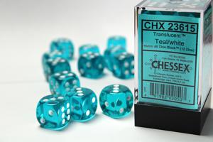 Chessex Doorschijnend Blauw/wit D6 16mm Dobbelsteen Set (12 stuks)