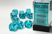 Chessex Doorschijnend Blauw/wit D6 16mm Dobbelsteen Set (12 stuks) - thumbnail
