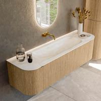 Badmeubel Mondiaz Kurve-Dlux | 160 cm | Meubelkleur Oak | Wastafelkleur Ostra | Solid surface | Midden spoelbak | Zonder kraangat(en) Badmeubel Mondiaz Kurve-Dlux | 160 cm | Meubelkleur Oak | Wastafelkleur Ostra | Solid surface | Midden spoelbak | Zonder kraangat(en)