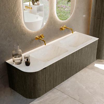 Badmeubel Mondiaz Kurve-Dlux | 145 cm cm | Meubelkleur Shadow | Wastafelkleur Opalo | Solid surface | Dubbel / Rechts spoelbak | Zonder kraangat(en)