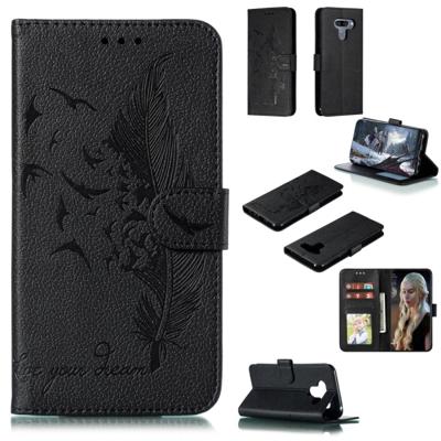 Feather patroon Litchi textuur horizontale Flip lederen draagtas met portemonnee & houder & kaartsleuven voor LG K50 (zwart)