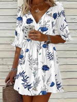 Floral Casual V Neck Dress With No