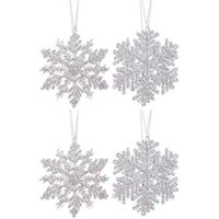 4x Kersthangers figuurtjes zilveren sneeuwvlok/ster 12cm glitter
