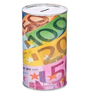 Spaarpot blik met een paar euro biljetten - gekleurd - 10 x 17 cm - Kinderen/volwassenen   -