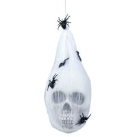 Horror/halloween decoratie doodshoofd in spinnenweb - hangend - 25 cm - thumbnail