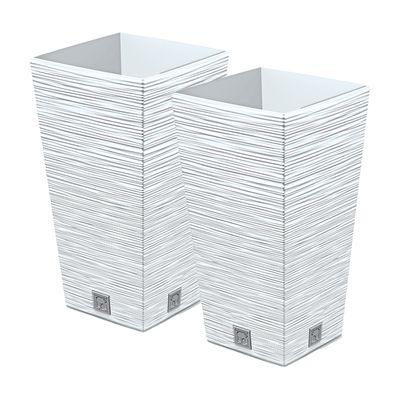 Plantenpot/bloempot Furu Stripes - 2x - voor buiten - kunststof - wit - vierkant - D26 x H50 cm