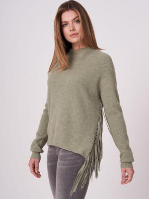 Ribgebreide trui met lange franjes van cashmere-melange