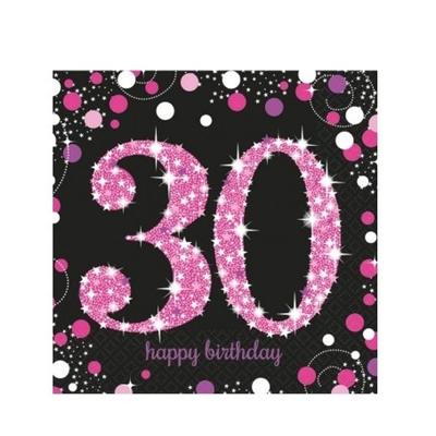Servetten 30 jaar - 16x stuks - glitter en glamour - zwart/roze - 33 x 33 cm