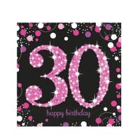 Servetten 30 jaar - 16x stuks - glitter en glamour - zwart/roze - 33 x 33 cm