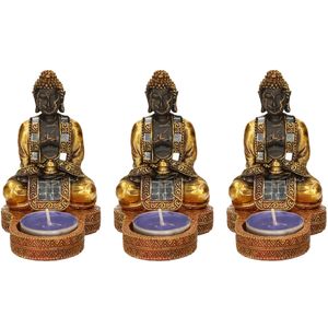 3x stuks indische boeddha theelichthouders goud/zwart 12 cm