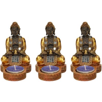 3x stuks indische boeddha theelichthouders goud/zwart 12 cm