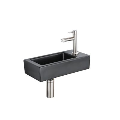 QeramiQ Fuente Fonteinset - 37.5x18.5x9cm - keramiek - kraangat rechts - fonteinkraan geborsteld RVS - afvoerplug - verlaagd sifon - Mat Zwart SW1122447/SW696207/SW696217/SW696237