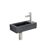 QeramiQ Fuente Fonteinset - 37.5x18.5x9cm - keramiek - kraangat rechts - fonteinkraan geborsteld RVS - afvoerplug - verlaagd sifon - Mat Zwart SW1122447/SW696207/SW696217/SW696237