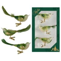Decoratie vogeltjes - 9x - groen - op clip - 11 cm - glas - luxe glazen kerst vogels