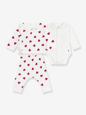 Babyset 3-delig met hartjesprint baby PETIT BATEAU vestje met overslag, broek en body wit