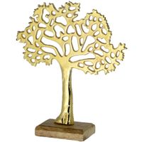 Decoratie levensboom van aluminium op houten voet 30 cm goud