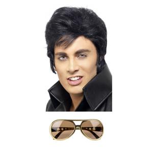 Rock and Roll ster Elvis verkleed set - herenpruik zwart met kuif - en bril goud montuur   -