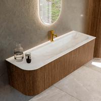 Mondiaz KURVE-DLUX 145 cm Onderkast Greeploos 1 Lade Met Deuren Walnut, Wastafel Solid Surface Rechts Ostra 1 Kraangat Zonder Spiegel (KRVBGL145L1L1D1KR-Wal/Ost)