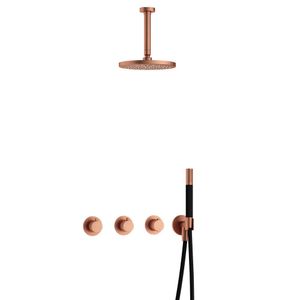 Hotbath Cobber complete thermostatische douche inbouwset cobber 70 met 2 stopkranen met plafondbuis 15 cm, geborsteld koper