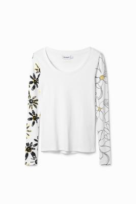 Geribbeld T-shirt met bloemen - WHITE - XXL
