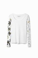 Geribbeld T-shirt met bloemen - WHITE - XXL