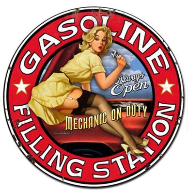 Gasoline Filling Station Mechanic On Duty Pin-Up Zwaar Metalen Bord 61 cm x 61 cm