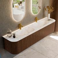 Badmeubel Mondiaz Kurve-Dlux | 200 cm | Meubelkleur Walnut | Wastafelkleur Frappe | Solid surface | Dubbele spoelbak | 2 kraangaten