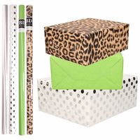 8x Rollen transparante folie/inpakpapier pakket - panterprint/groen/wit met stippen 200 x 70 cm - Cadeaupapier - thumbnail
