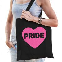 Gay Pride tas voor dames - zwart - katoen - 42 x 38 cm - roze glitter hart - LHBTI