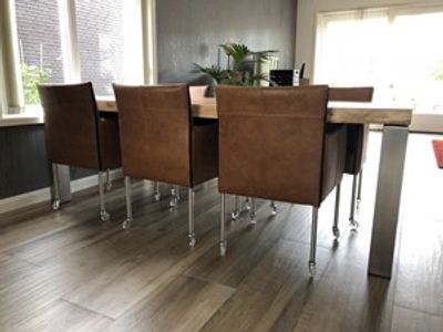 Set van 6 leren kuip eetkamerstoelen - met wieltjes - bruin leer - Echt leer, Modern, ontdek de vele Leersoorten en Kleuren bij ShopX