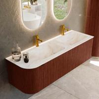 Badmeubel Mondiaz Kurve-Dlux | 145 cm cm | Meubelkleur Ruby | Wastafelkleur Frappe | Solid surface | Dubbel / Rechts spoelbak | 2 kraangaten