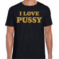 Foute party t-shirt heren - I love Pussy - zwart - glitter goud - carnaval/themafeest - thumbnail