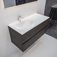 Mondiaz Vica Moon badmeubel eiken donker bruin 100 cm 2 lades solid surface enkele spoelbak links 1 kraangat