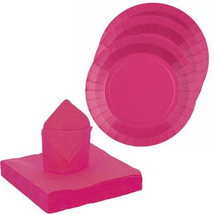 Santex 20x taart/gebak bordjes/25x servetten - fuchsia roze - Feestbordjes