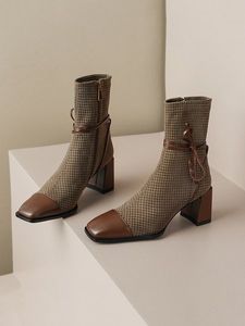 Vintage Houndstooth Square Toe Block Heel Boots