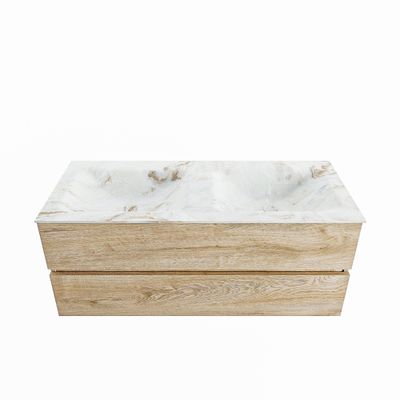 MONDIAZ VICA-DLUX 120cm badmeubel onderkast Washed Oak 2 lades. Inbouw wastafel CLOUD dubbel 2 kraangaten, kleur Frappe.
