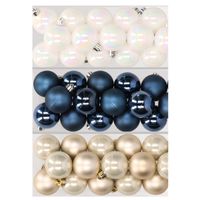 48x stuks kunststof kerstballen mix van parelmoer wit, donkerblauw en champagne 4 cm