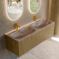 Badmeubel Mondiaz Kurve-Dlux | 140 cm | Meubelkleur Dusk | Wastafelkleur Oza | Solid surface | Wasbak beide zijden spoelbak | 2 kraangaten