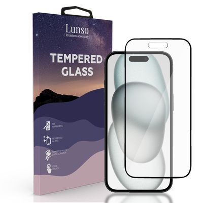 Lunso - iPhone 15 - Gehard Beschermglas - Full Cover Screen protector - Black Edge