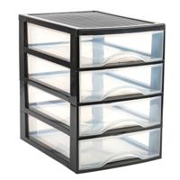 Ladekastje bureau organizer - 4x lades - zwart/transparant - L26 x B35 x H36 cm - kunststof