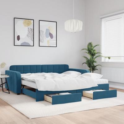 Slaapbank met onderschuifbed en lades 100x200 cm fluweel blauw