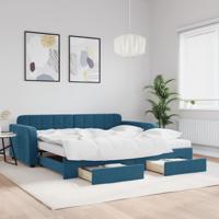 Slaapbank met onderschuifbed en lades 100x200 cm fluweel blauw
