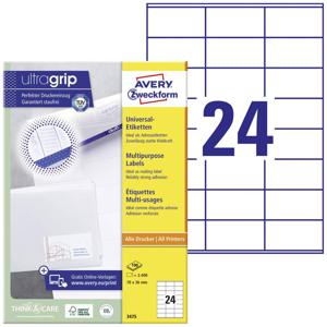 Avery-Zweckform 3475 Universele etiketten 70 x 36 mm Papier Wit 2400 stuk(s) Permanent hechtend Inkjet, Laser (zwart/wit), Laser (kleur), Kopiëren (zwart/wit),