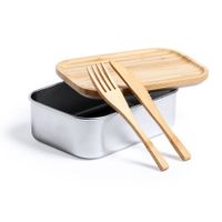 Lunchbox/broodtrommel met bestek - bamboe/rvs - 16 x 11 x 5.6 cm - thumbnail