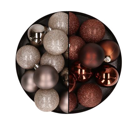 24x stuks kunststof kerstballen mix van champagne en donkerbruin 6 cm