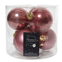 Kerstboomversiering oud roze kerstballen van glas 8 cm 6 stuks - Kerstbal - thumbnail