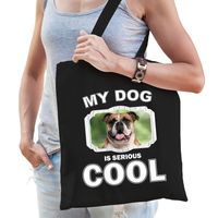 Katoenen tasje my dog is serious cool zwart - Britse bulldog honden cadeau tas   - - thumbnail